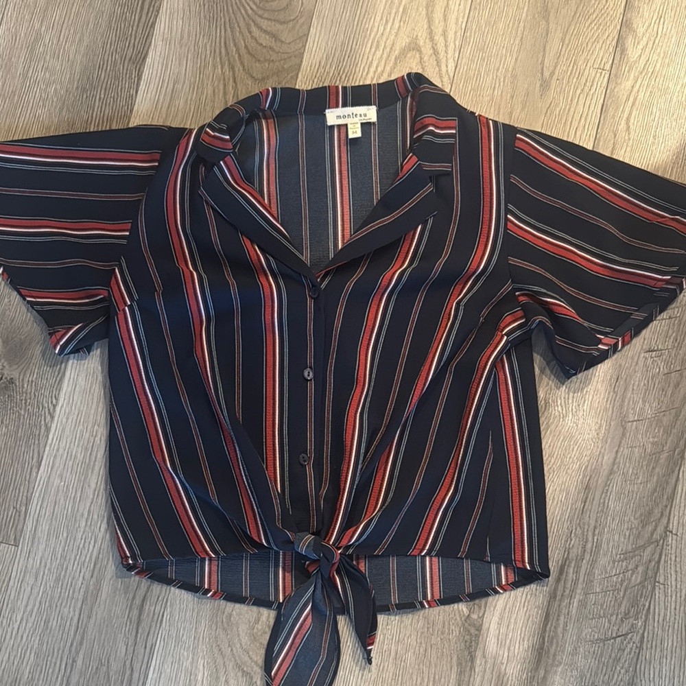 Blue and Red Short Sleeve Crop Button Down